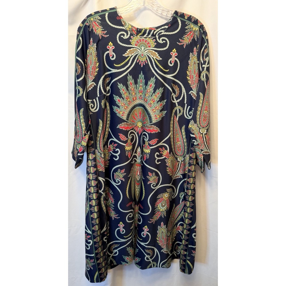 Gretchen Scott Size Large Dress Navy Blue Paisley Stretch 3/4 Sleeve Jersey Boho